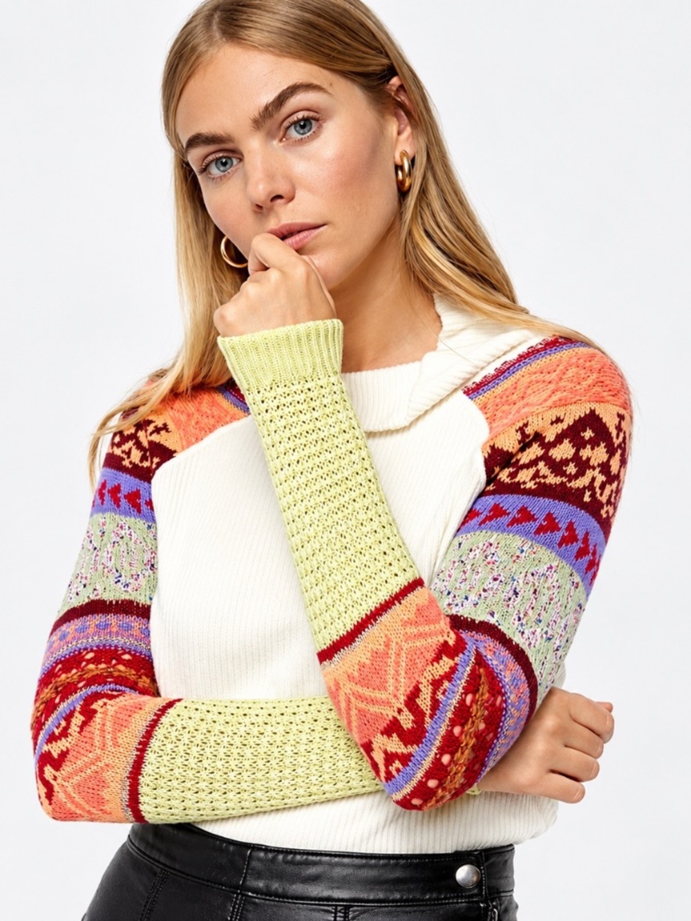 Free People Ribbed Prism Colorful Fair Isle Sleeve Sweater Top Women Size S